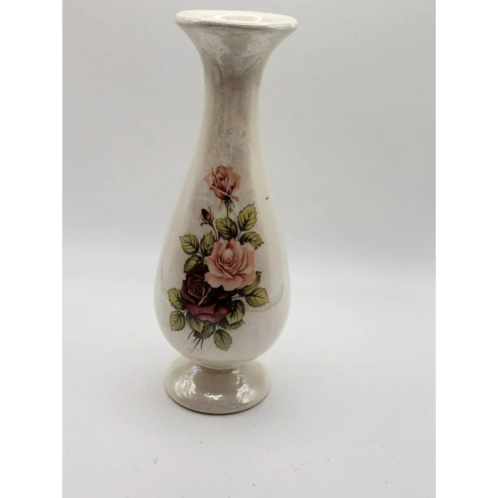 VTG Antique Iridescent Pink Rose Floral Single Stem Bud Vase Signed Fay's Cerami